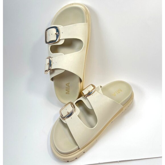 MIA Shoes - MIA Gen Chunky Sandals Women Double Buckle Beige Slides Size 7.5